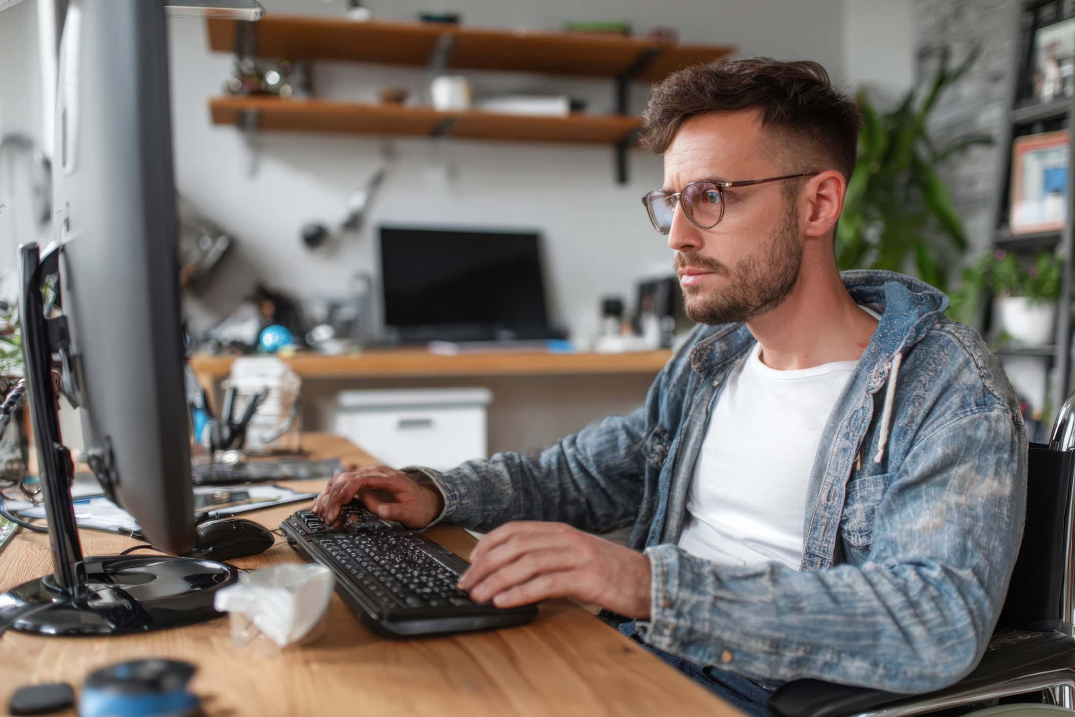 A man in a wheelchair works at his computer at home.