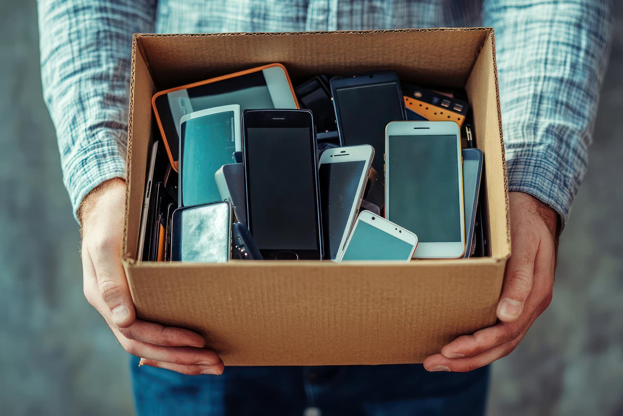 Closeup of the arms of a person holding a box of old phones. The picture is taken from above and shows just how many old devices are in the box.