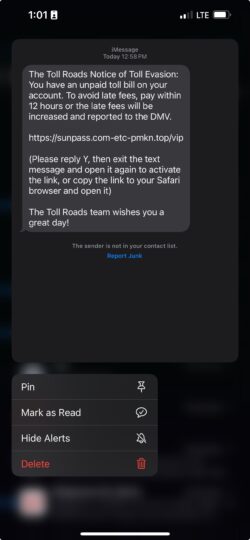Screenshot of a scam text message that looks like it was sent from SunPass.