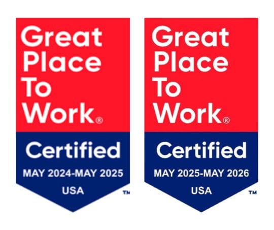 The logos for the Great Place to Work Certification™ for May 2024 - May 2025 and May 2025 - May 2026. 