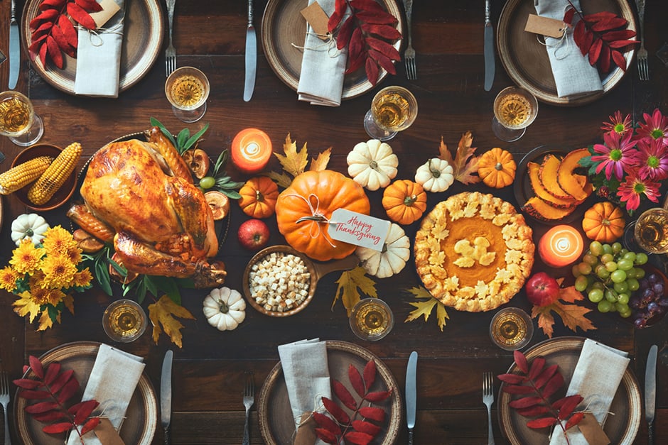 A Thanksgiving meal on a table