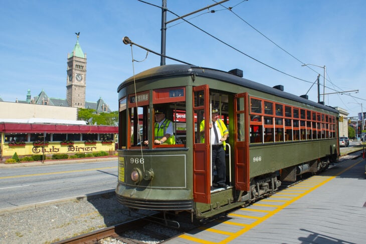 Streetcar #966 at National Streetcar Museum on Dutton Street in Downtown Lowell, Massachusetts, MA, USA.