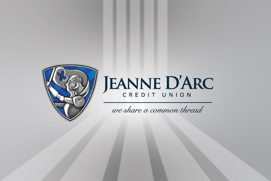 The Jeanne D'Arc Credit Union Logo over a grey background with 5 lighter grey vertical stripes.