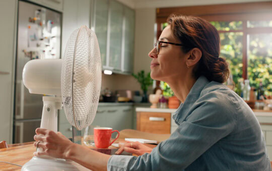 A woman sits at her kitchen table with an oscillating fan blowing in her face.